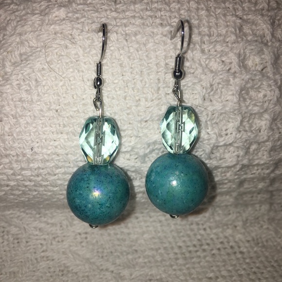 Blue ball & crystal earrings Custom Crafted - Picture 1 of 4